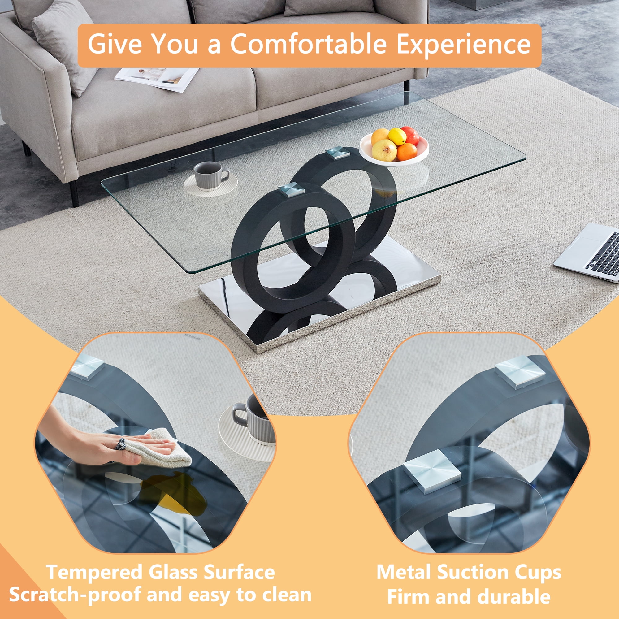 TesNus Glass Coffee Table for Living Room, Modern Rectangular Center Table, 47” Living Room Table with Clear Tempered Glass Top and Steady Black OO Shaped Base