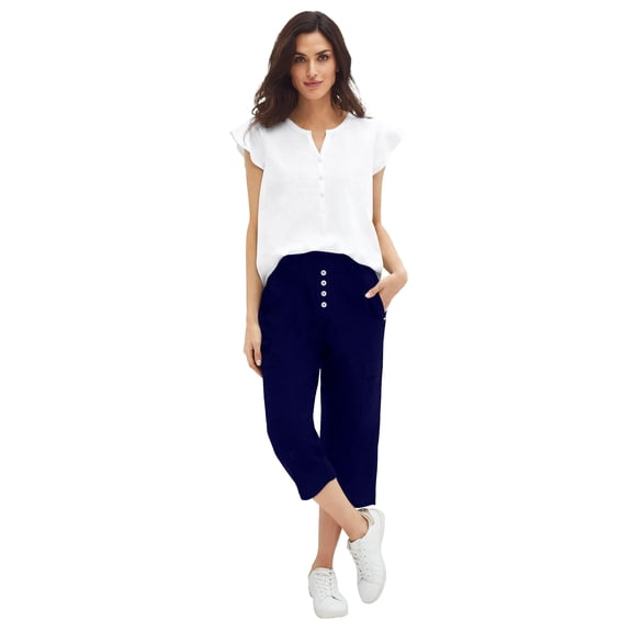 Ellos Plus Size 100% Cotton Slub Cap Sleeve A-Line Henley Tee