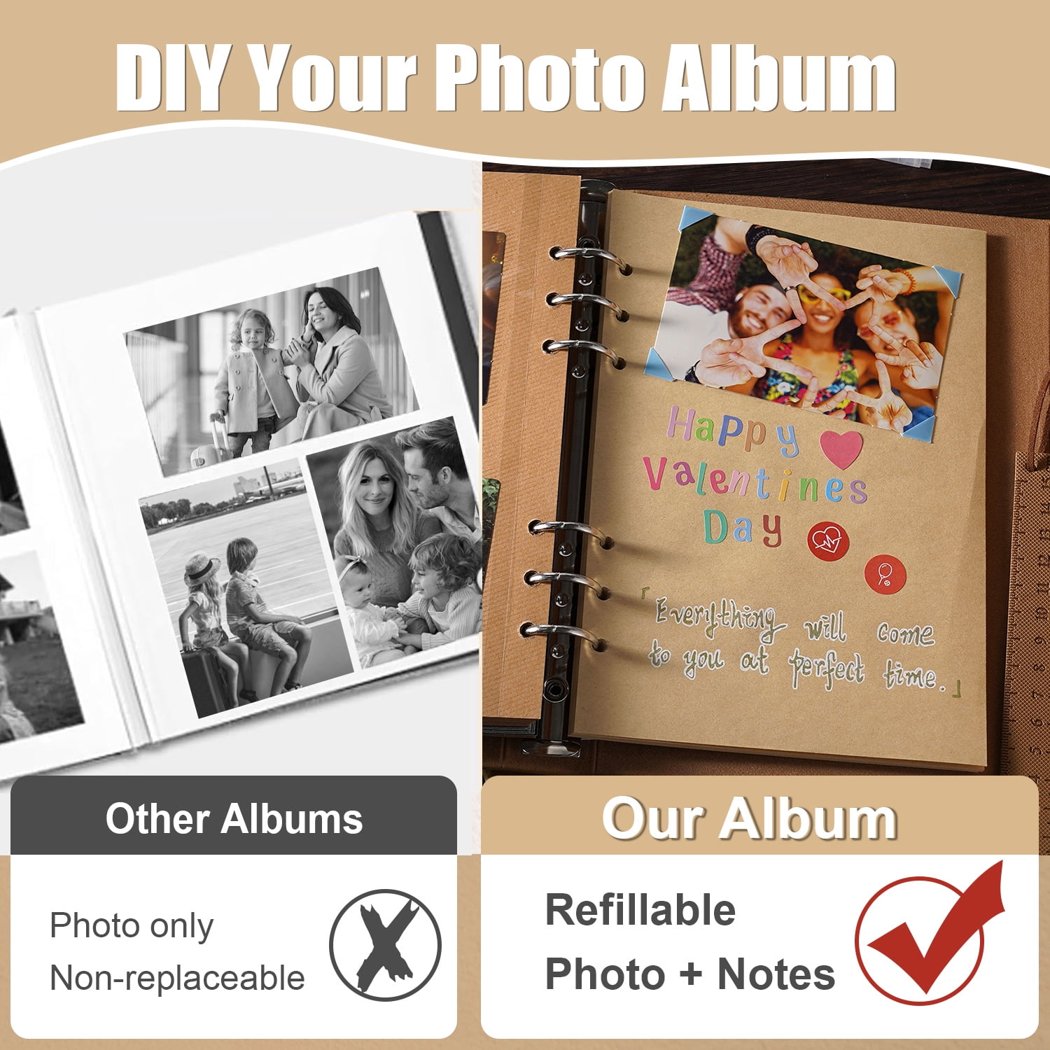TJT 104 Pages Scrapbook Album, Self Adhesive Photo Album DIY Photo Book, Leather Memory Book for Wedding Baby Family Travel Birthday Christmas Khaki
