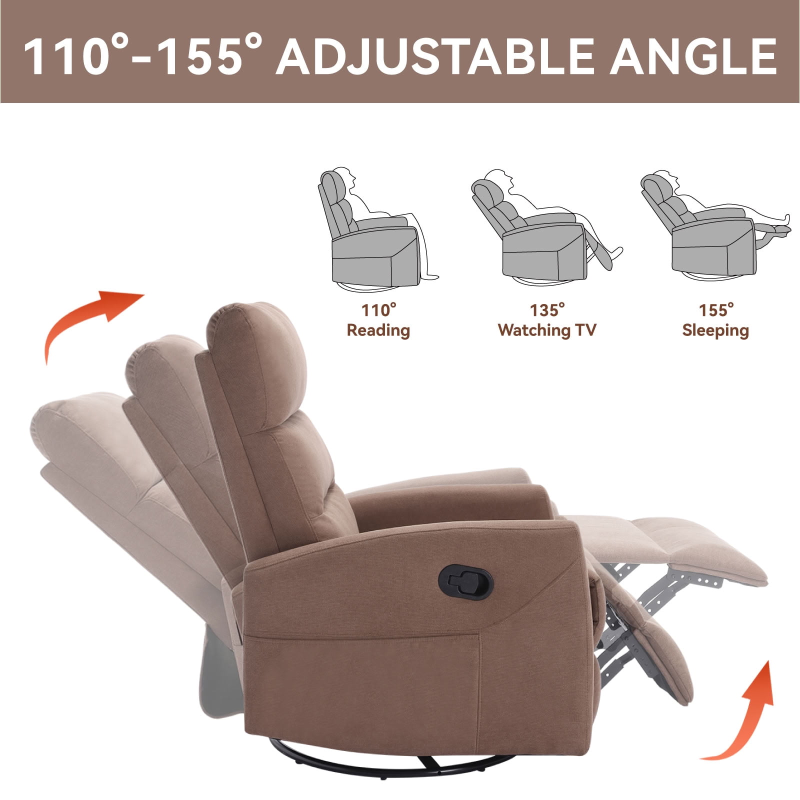 MAYEERTY 360 Degree Swivel Rocker Recliner Chair, Manual 155° Recline Glider Armchair, for Living Room Nursery Bedroom