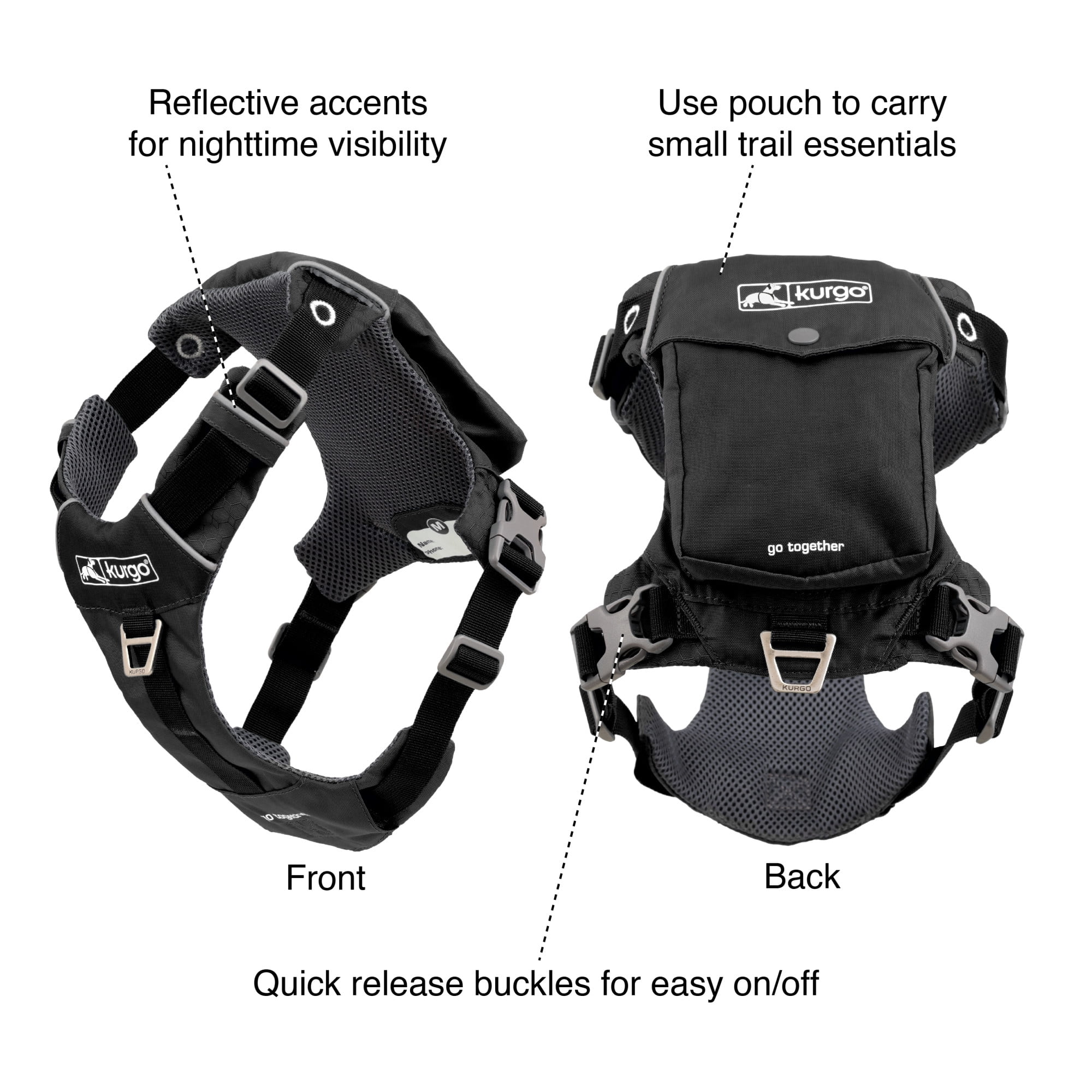 Kurgo Stash n’ Dash Dog Harness, Folds into a Pouch, for Running, Hiking, Reflective, Black, Medium