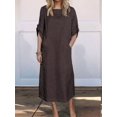 thumbnail image 5 of Womens Loose Fit Casual Solid Color Short Sleeve Linen Blend Midi Dress Summer Brown L, 5 of 7