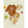 thumbnail image 2 of Suealasg Newborn Baby Boys 3Pcs Halloween Outfits Long Sleeve Letter Print Romper +Pumpkin Print Long Pants+Hat Set 3 6 12 18 Months Infant Boys Halloween Clothes, 2 of 8