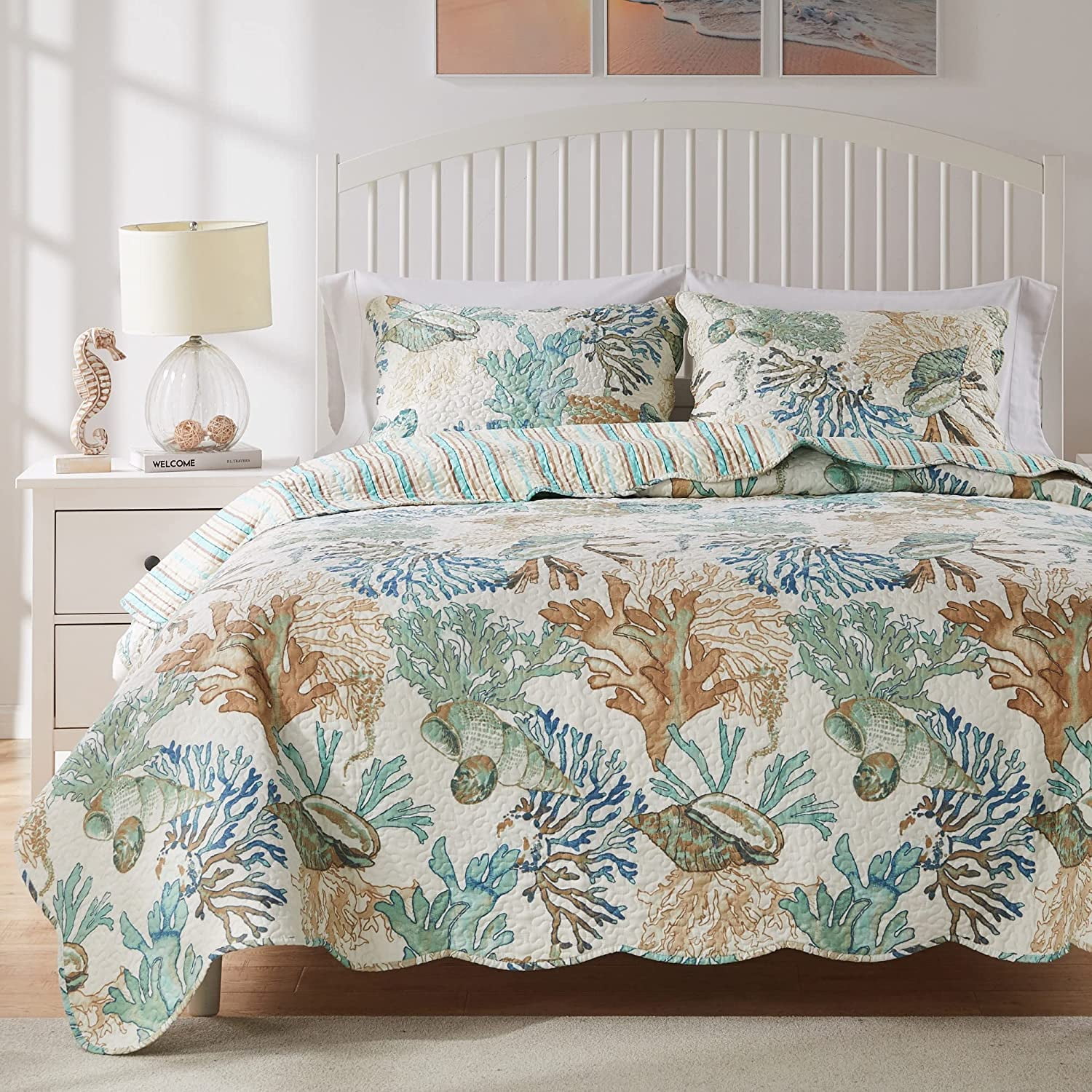 Details about   Lush Decor Blue and Coral Coastal Reef Quilt-Reversible 7 Piece Bedding Set with 