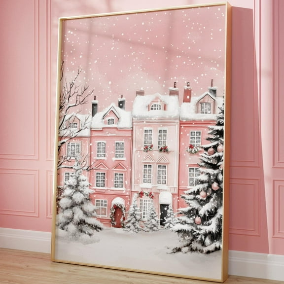 Zuno Pink Winter Village Art Print, Wall Art, Holiday Poster, Trendy Christmas Decor, Printable, - Wall Art Print, 8x12 UNFRAMED