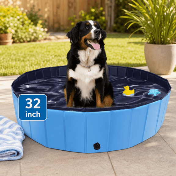 Foldable Dog Pool – 32 x 8 Inch Hard Plastic Kiddie Pool with Non-Slip Bottom, Collapsible Swimming Bath Tub for Small Pets, Outdoor Backyard Use, Blue