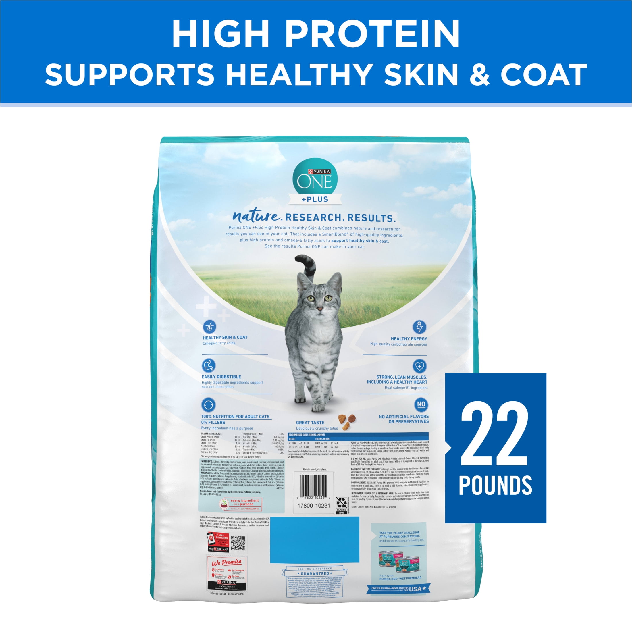 Purina ONE Plus Natural High Protein Dry Cat Food Salmon and Ocean Whitefish Skin and Coat Health Formula, 22 lb Bag