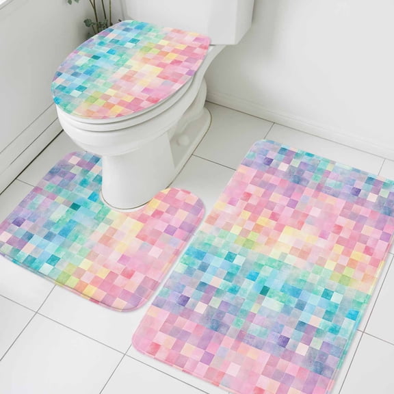 Colorful Plaids Bathroom Rugs Set Rainbow Non Slip Absorbent Soft Bath Mats 3 Piece Set with Bathroom Rug, U-Shaped Floor Mat, Toilet Seat Cover Small Size