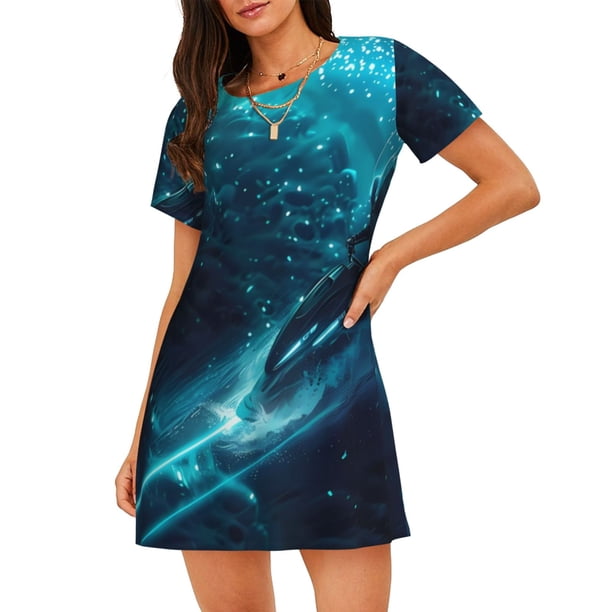 Disketp Futuristic Jet Ski Adventure para Camisón Corto de Manga Corta para Mujeres, Camisón Cómodo con Escote Redondo, Bonito y Confortable