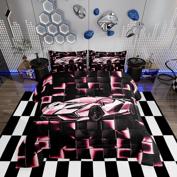 Erosebridal Pink Racing Car Bedding Sets Twin with Comforter, Neon Geometric Duvet Insert, Speed Sports Decor, Reversible