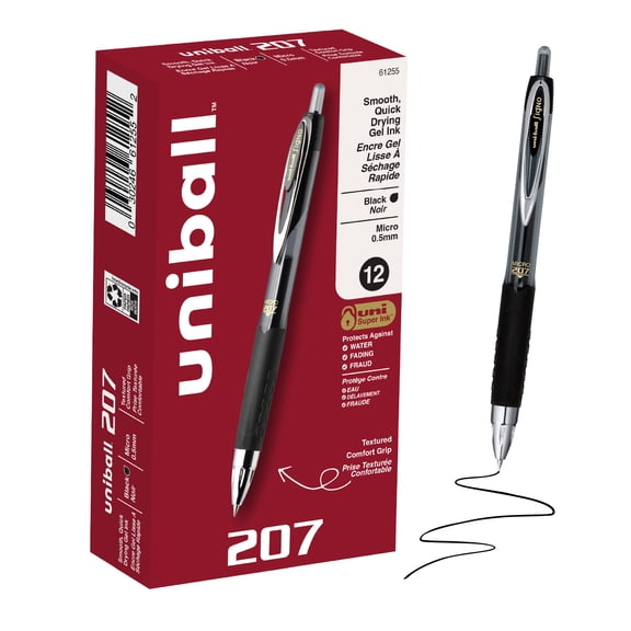 uniball™ 207 Retractable Gel Pens, Micro Point, 0.5mm, Black Ink, 12 Count