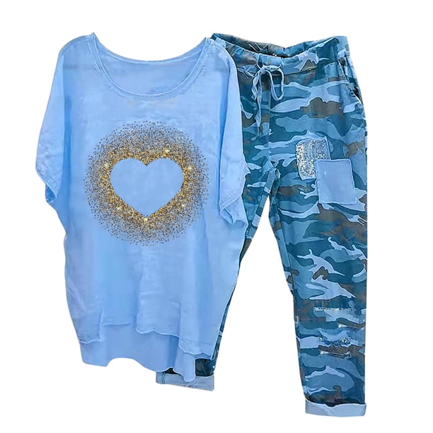 ICHUANYI Clearance Women's Print Crewneck Half Sleeve Pullover Shirt Tops + Pants Trousers Set(Blue, XL) ICHUANYI WER2023081110374