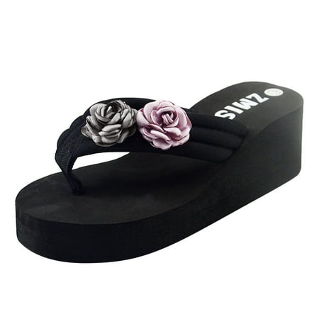 

HSMQHJWE Women s Boho Flower Wedge Flipflops Trendy Summer High Heel Platform Anti-Slip Beach Thong Sandals