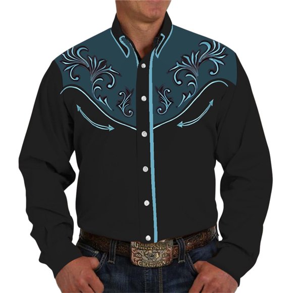 Men's Western Denim 3D Printed Lapel Long Sleeve Casual Floral Shirt for Men