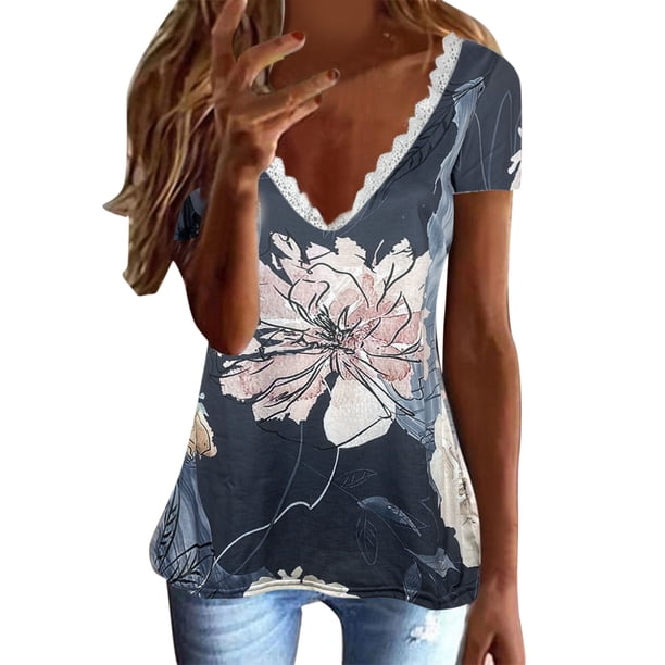 Gibobby Playera Manga Corta para Mujer Tops encaje sexy para mujer Camisa con cuello en V Impreso Camiseta manga corta Camiseta elegante casual Camiseta s(Azul,CH)