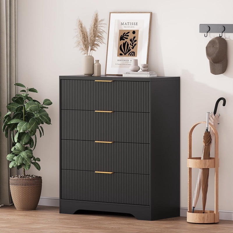 TROPOW 4 Drawers Dresser for Bedroom, Fluted Dresser Chest of Drawers with Handle, Wood Modern Dressers for Closet, Bedroom Furniture Storage Organizer for Living Room, Hallway