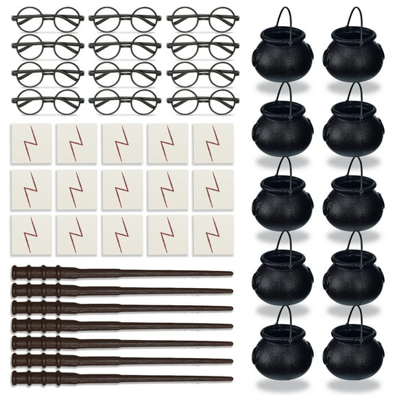 Wizard Party Favors for 12 - Includes Cauldron, Glasses, and Lightning Scar Tattoos, Wizard Wands - Perfect for a Wizard School Theme Birthday Party (12 of each)