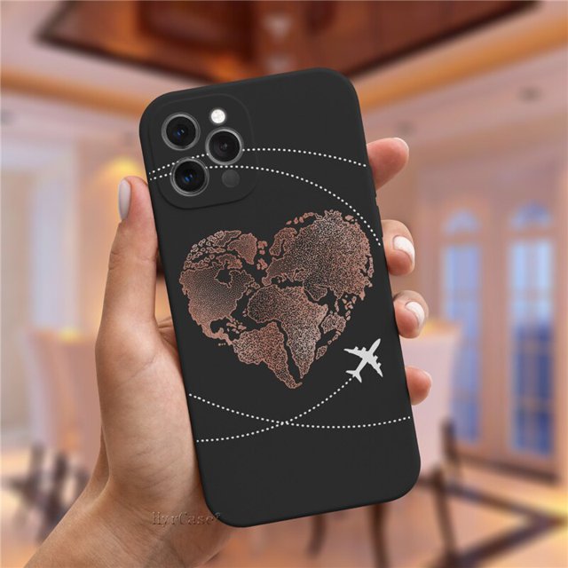Funda de silicona de viaje con mapa del mundo de aviones populares de lujo para iPhone 11 12 13 14 Pro Max 13Mini 13ProMax Cute Candy Matte Soft Cover Deng Xun unisex
