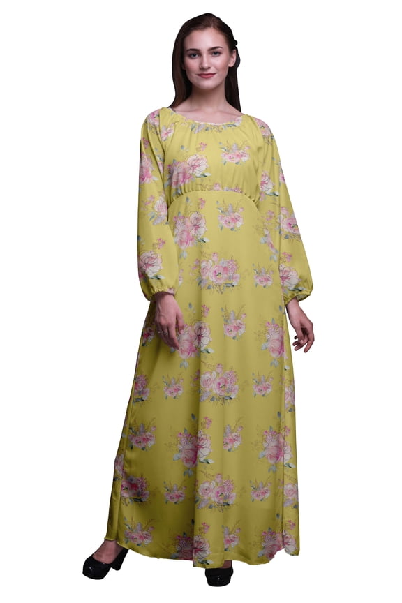 Polyester Georgette Rose & Ranunculus Floral Printed Women’s Long Sleeve Maxi Dress Elastic Waist Gown-Medium