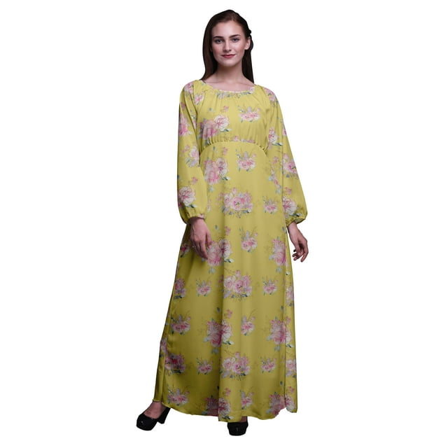 Bimba Robe Maxi en Georgette Mousse à Imprimé Floral Rose et Renoncules pour Femmes à Manches Longues, Taille Élastique - X-Grand
