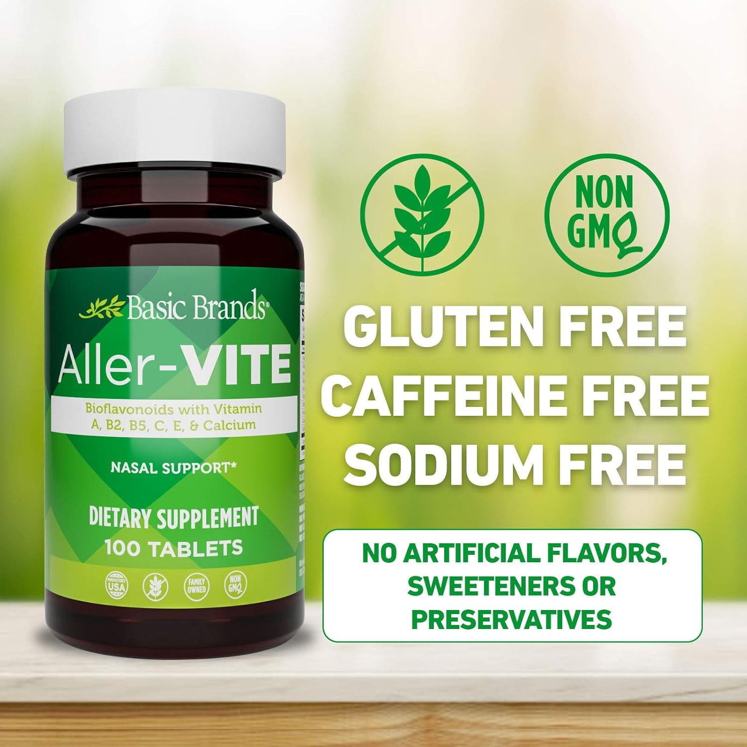 Basic Brands Aller-Vite Bioflavonoid Nasal Support for Itchy Eyes & Runny Nose, 200 Tablets