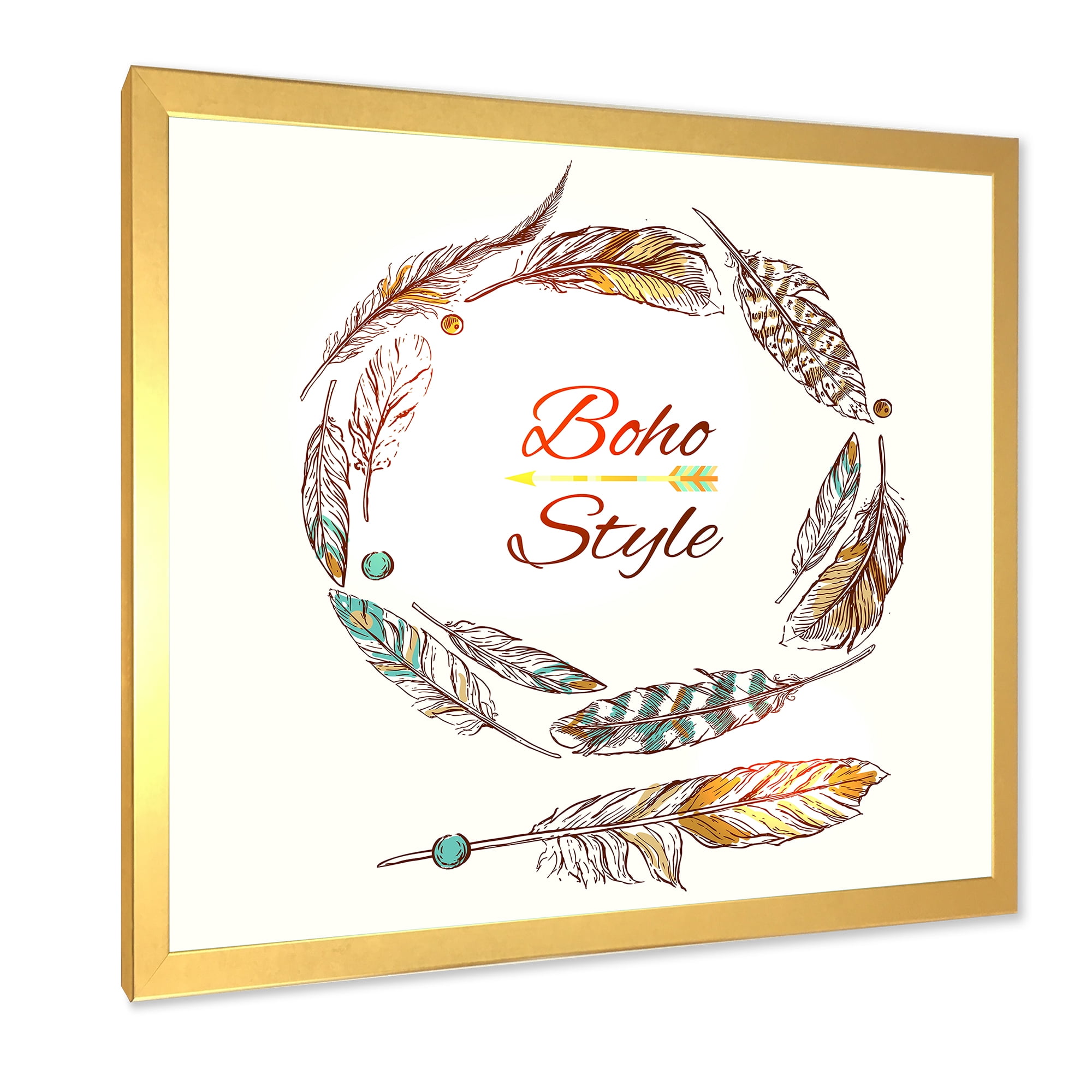 Designart 'Wreath Of Ethnic Beige Boho Feather' Bohemian & Eclectic Framed Art Print