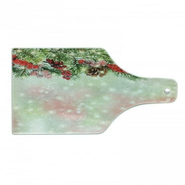 Christmas Cutting Board, Evergreen Fir Branches Red Ripe Holly Berries Blurred Backdrop Garland, Decorative Tempered Glass Cutting and Serving Board, Wine Bottle Shape, Red Green Brown, by Ambesonne