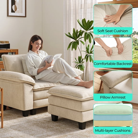 LINSY Home Oversized Corduroy Accent Armchair with Ottoman for Bedroom Living Reading Room Office, Beige