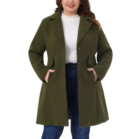 DARING DIVA Women's Plus Mid Length Notch Lapel Single Breasted Pea Jacket 1X Army Green
