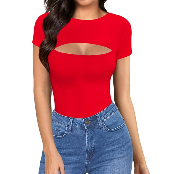 ALGALAROUND Womens Cutout Front Tops Long Sleeve Short Sleeve Fitted T-Shirts (Short Sleeve Red Small)