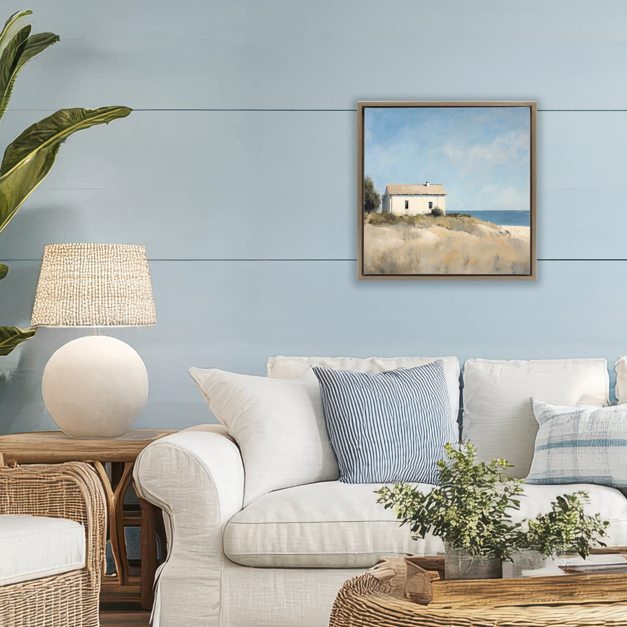 Stupell Industries Simple Beach House on Dunes Brown Framed Floater Canvas Wall Art, design by Creative Studio