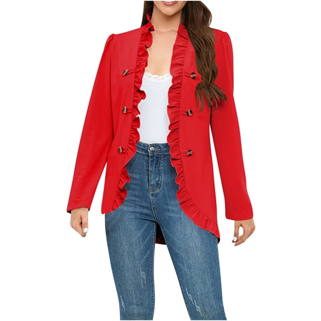 Babysbule 2023 Winter Coats for Women Woman Solid Color Casual Loose Ruffles Button Jacket Long Sleeve Short Suit