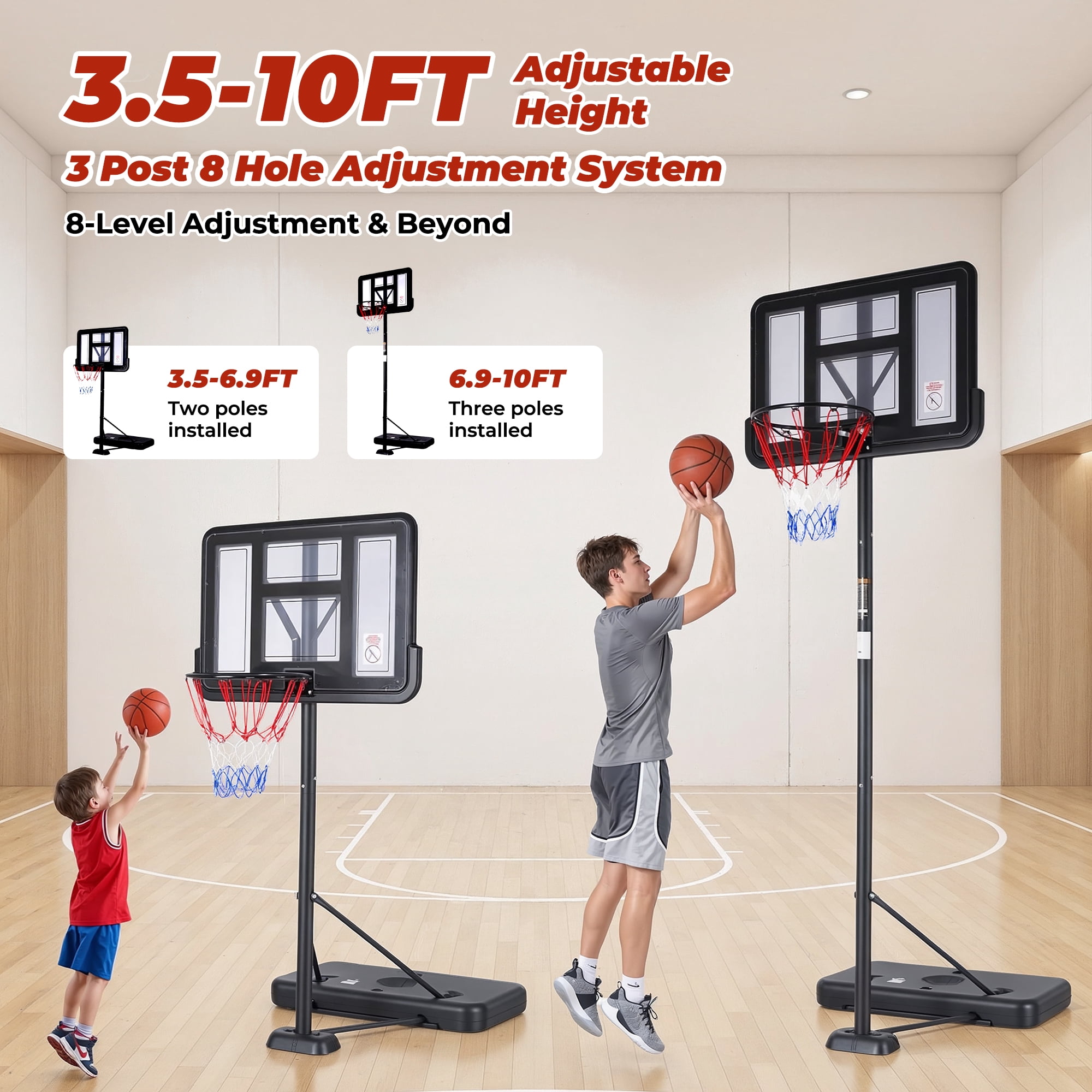 Naipo 44”Portable Basketball Hoop with Upgraded Dual Rear Base 3.5 to 10 FT Adjustable Basketball Stand 270° Safe Play Zone for Everyone in Family