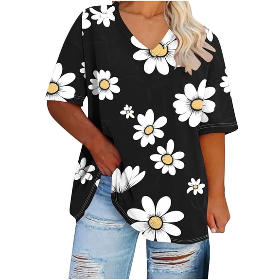Otvok Plus Size Tops for Women Oversized Short Sleeve V Neck T-Shirt Casual Summer Graphic Tees XL-XXXXXL