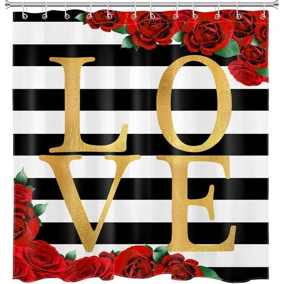 Valentines Day Red Rose Flower Shower Curtain Set Floral Green Leaves Gold Love Black White Stripe Bathroom Curtain with Hooks 72x72 inch Waterproof Polyester Fabric Bathroom Decorations