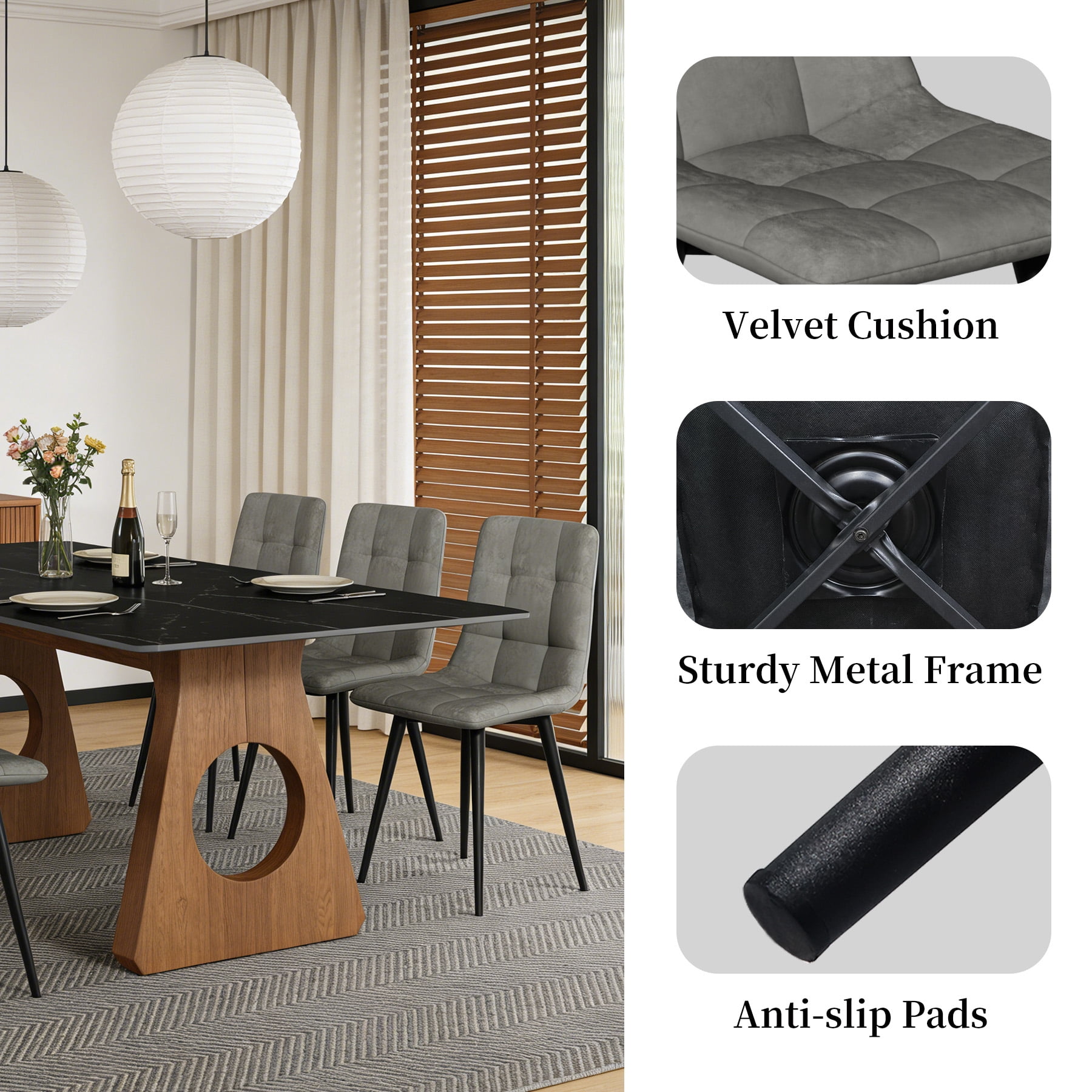 SHGJ&SOFT 360° Swivel Velvet Upholstered Dining Chairs Set of 4, Mid Century Modern Accent Chairs with L-Shaped Backrest, Adjustable Metal Legs for Kitchen Living Room(Gray1, 4pc)