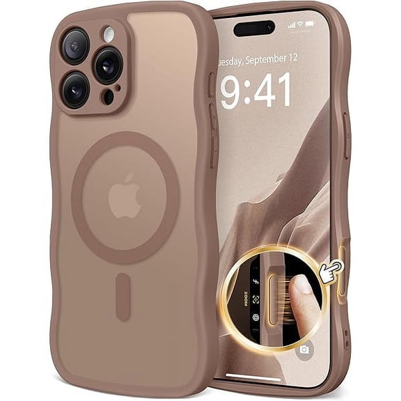 Eryueer for iPhone 16 Pro Max Case for Women Girls, Upgraded [Full Camera Protection] [Compatible with MagSafe] Cute Wave Translucent Matte Phone Case for iPhone 16 Pro Max, Brown