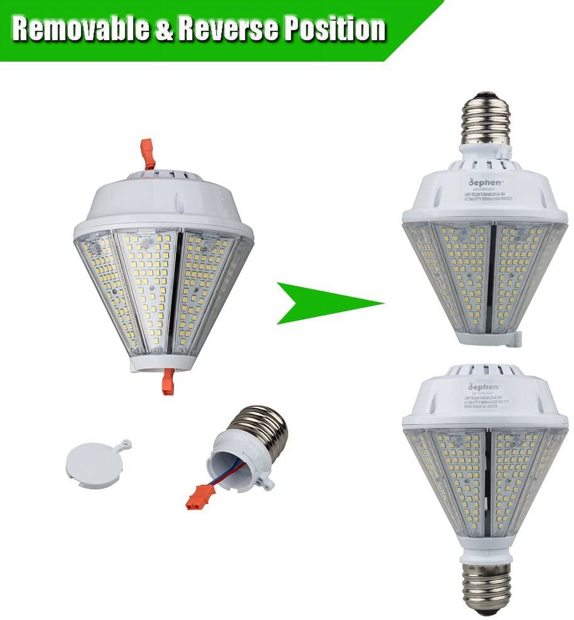 dephen 80W LED Corn Light Bulb with Removable E39 & E26 Base, Output 5000K 10400Lm, Cone Led Down Light Replacement for 250W High Bay Post Top Warehouse Garage Canopy Porch Wall Light (UL-Listed)