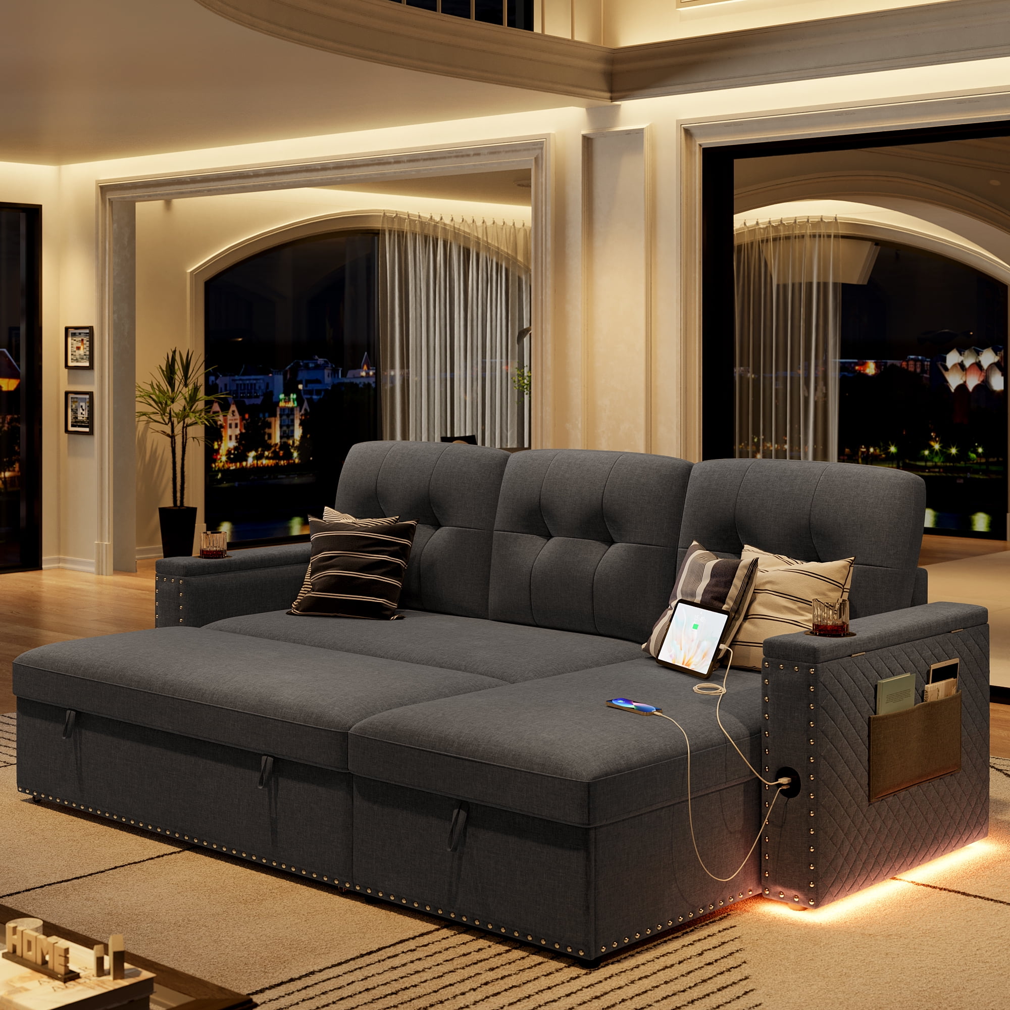 Homfa Gray Sofa Bed with Storage & USB Charging Port, L Shaped Sofa Bed Couches with Storage & Pull out Bed for Living Room