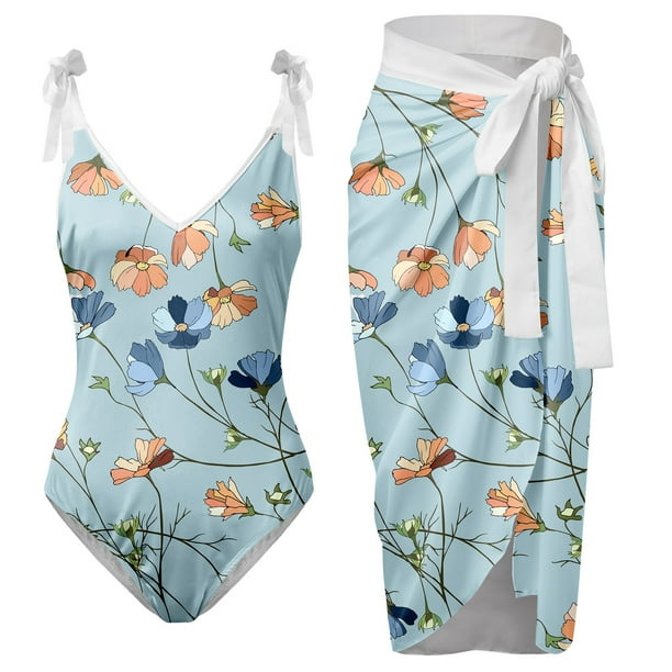Gibobby Trajes de Baño Mujer Traje de baño con estampado de flores y cuello en V para mujer Conjuntos de bikini con falda y delantal(Azul,XL)