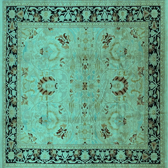 Ahgly Company Machine Washable Indoor Square Oriental Turquoise Blue Industrial Area Rugs, 7' Square