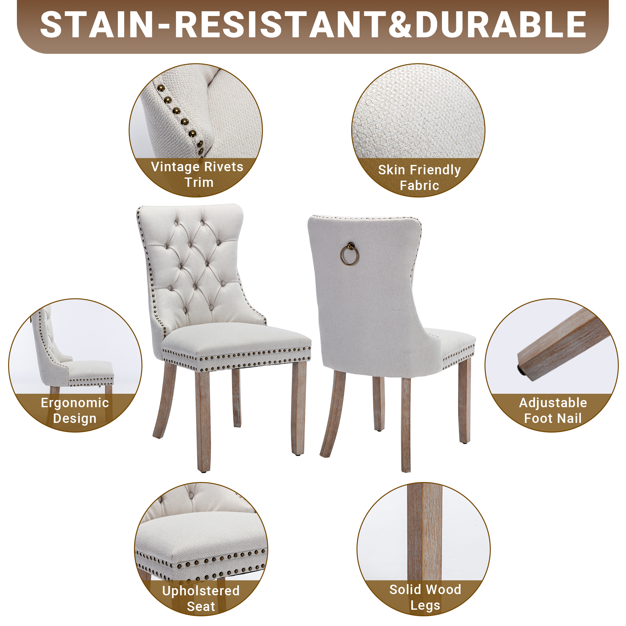 Upholstered Dining Chairs Set of 2, Segmart Modern Fabric Dining Room Chair with Nailhead Trim and Wood Legs, Mid-Century Accent for Living Room, Kitchen, Beige