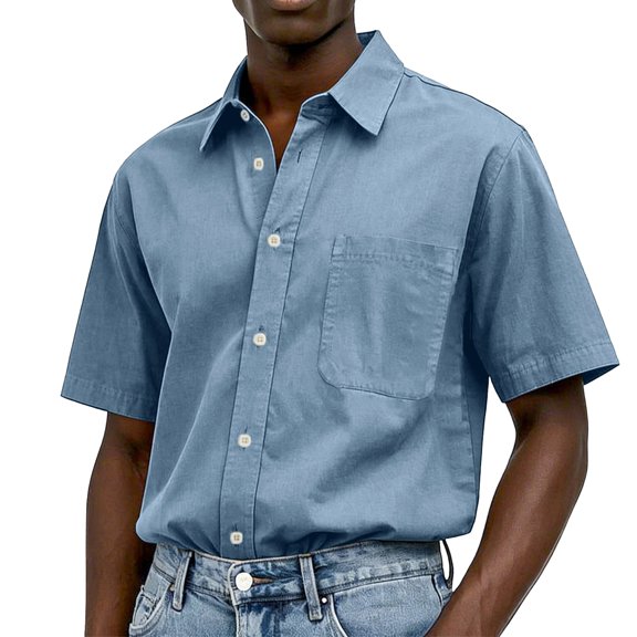 Uwinwear Mens Button-Up Shirts Short Sleeve Breathable Solid Color Shirts Casual Vacation Beach Summer Water-washed cotton Tops,Sky Blue,XL