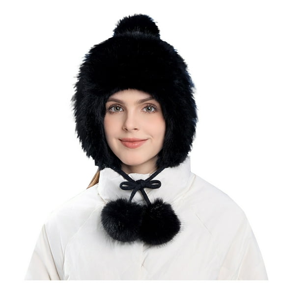 Women Winter Sherpa Beanie Hats Knit Ear Flaps Cover Ears Fleeced Ski Snow Hat Braid Black