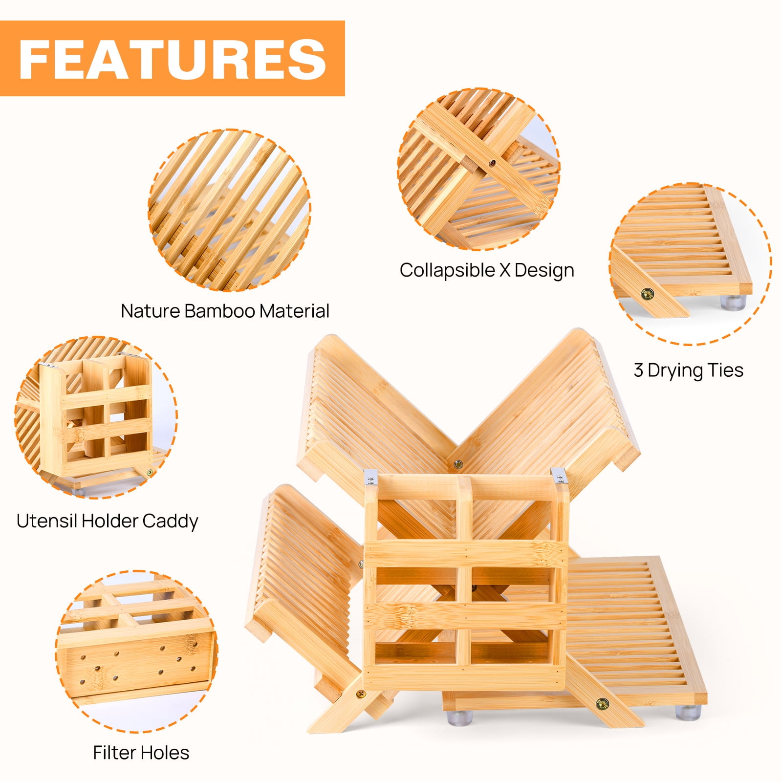 3-Tier Foldable Bamboo Dish Rack with Utensil Holder, Space-Saving Drying Organizer for Small& Apartments