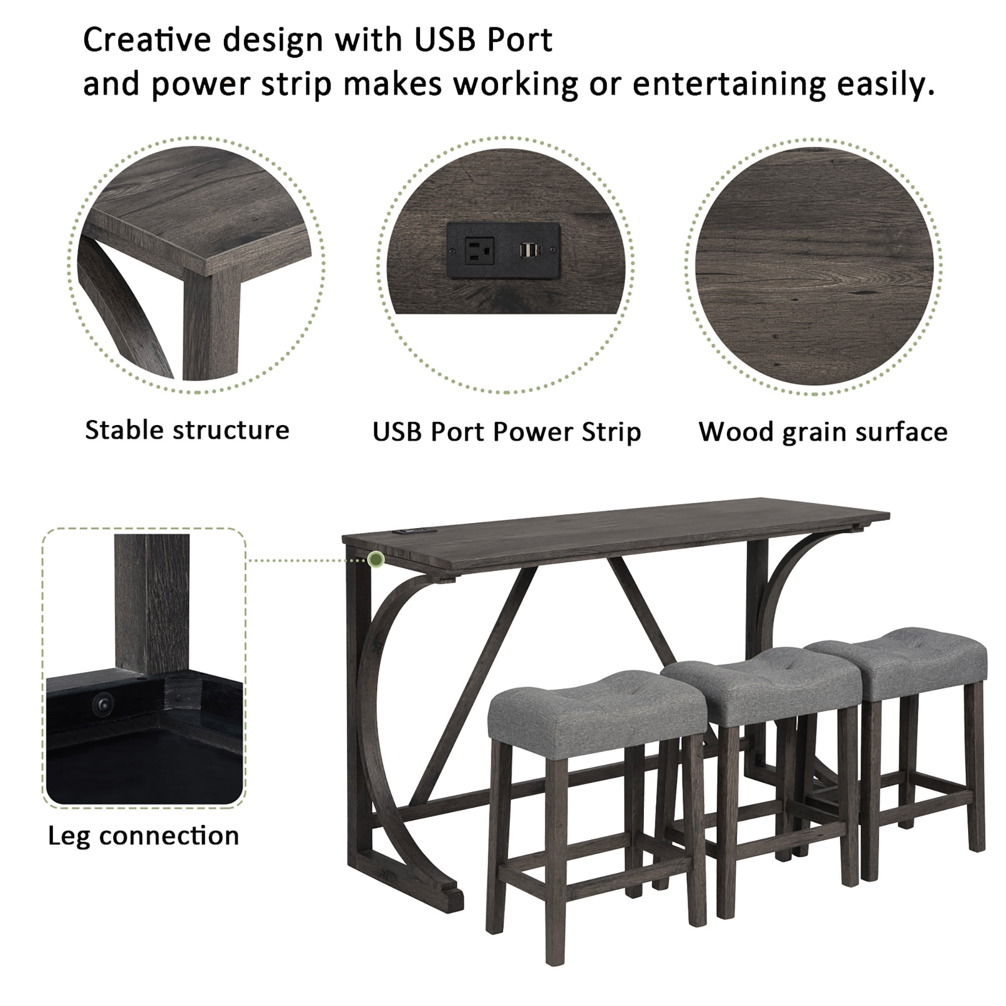 Gewnee 4 Piece Bar Table Set,Counter High Bar Table Set with Power Outlet and 3 Linen Chairs,Industrial Breakfast Table for Kitchen,Living Room.Dark Grey