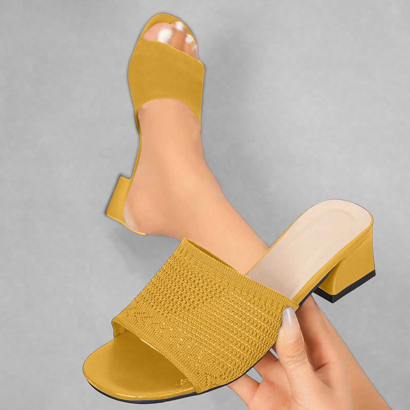 Hinvhai Open Toe Low Heeled Slides Sandals Elastic Band Wide Thick