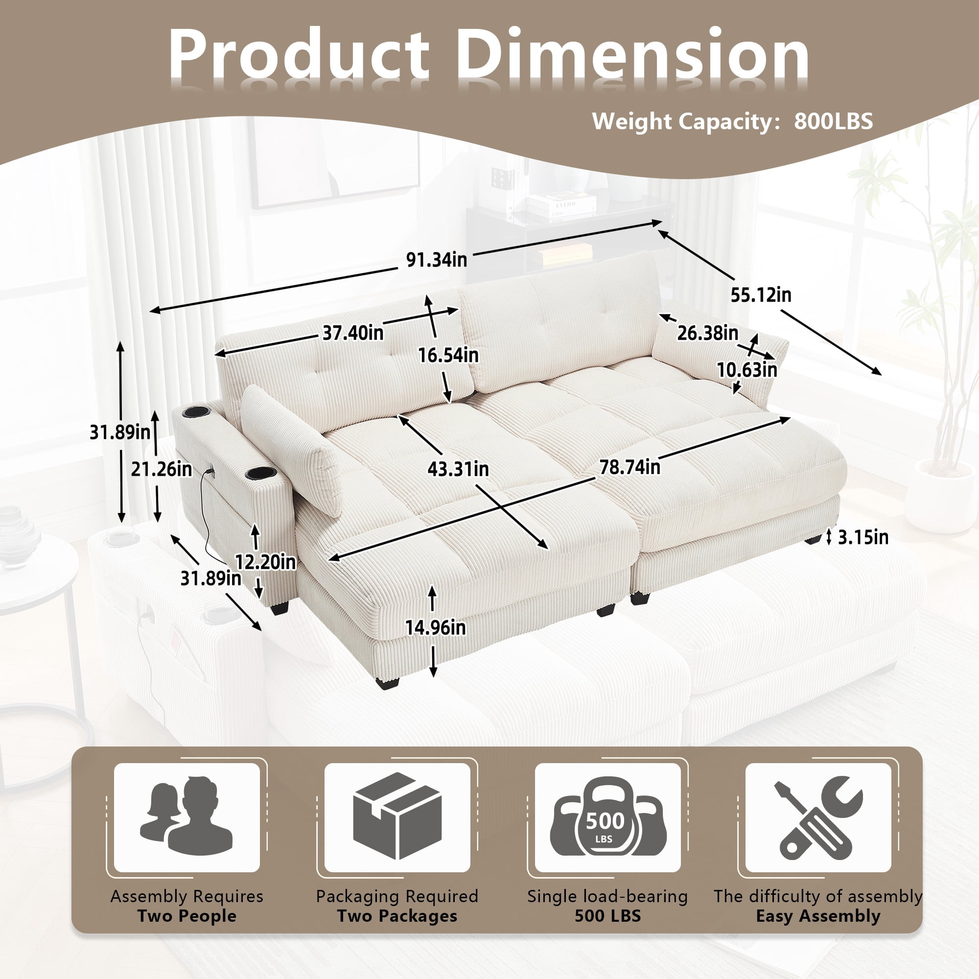 MOONMISS Corduroy Upholstered Soft Deep Seat Sleeper Loveseats Sofa with USB,Type-C&Cup Holders-Beige