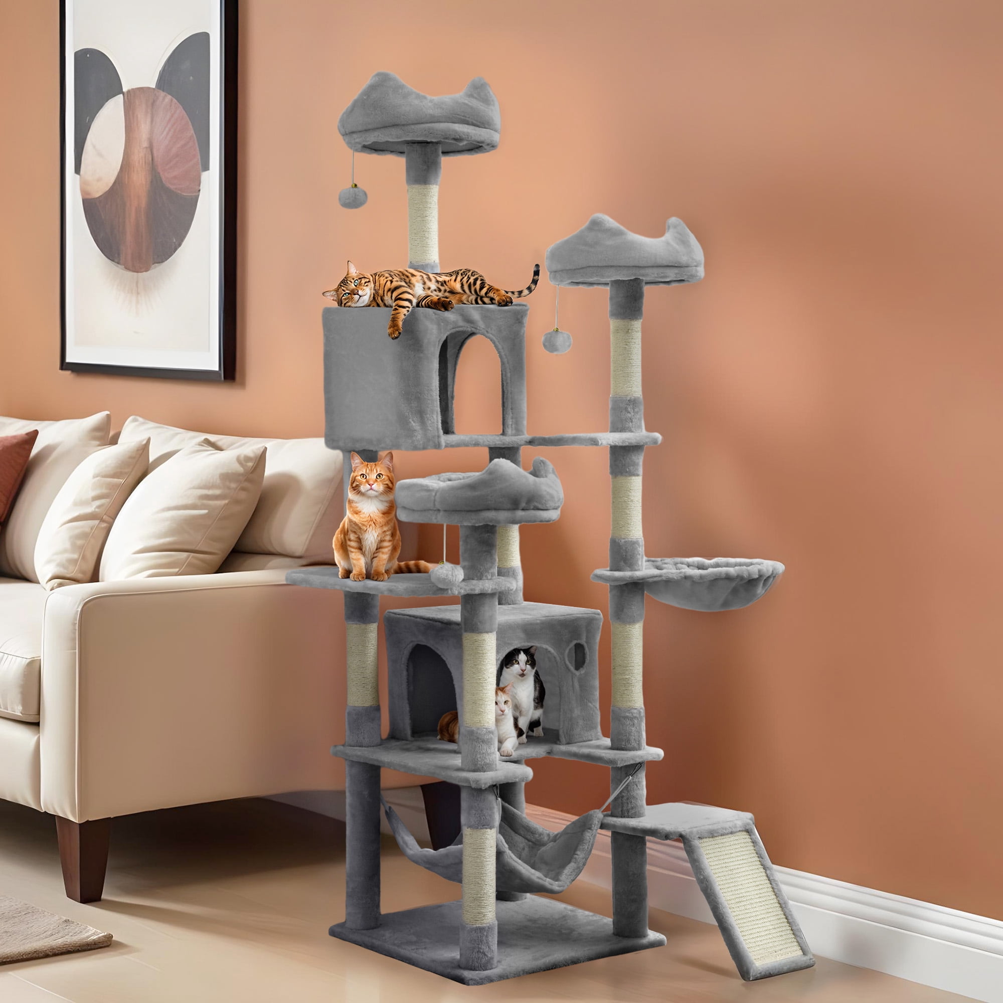 Uforic 75" Multi-Level Cat Tree Tower with Condos, Hammocks, Scratch Posts, Light Gray