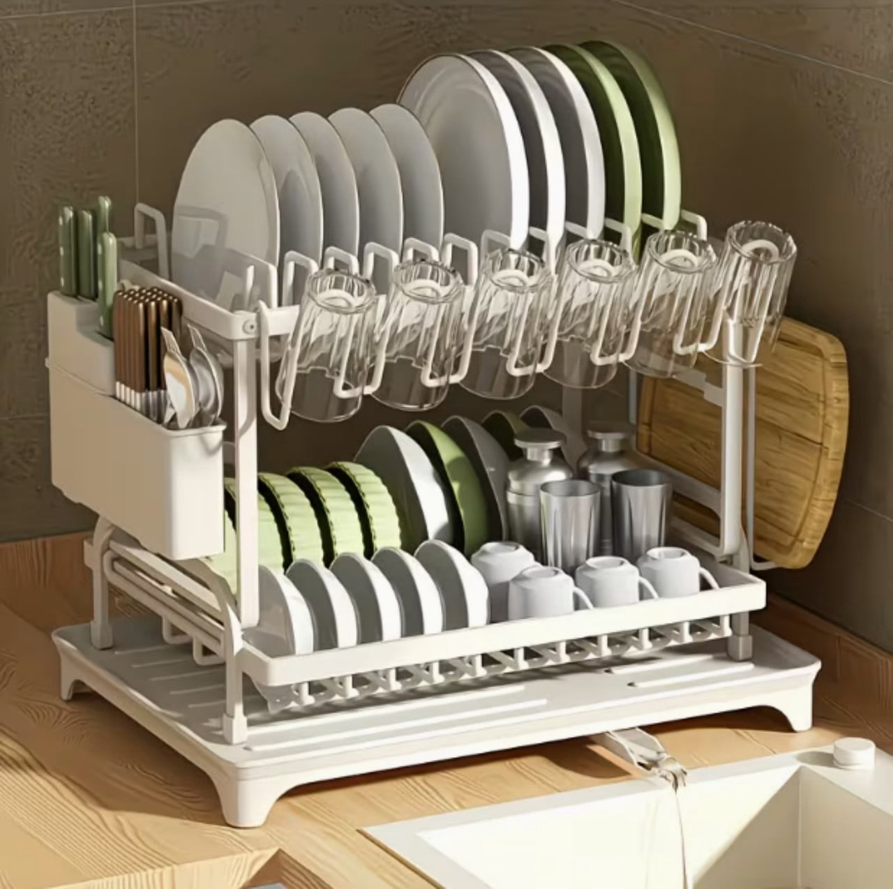 Dish Drying Rack, 2 Tier Large Dish Drying Rack for Kitchen Counter with Drainboard Stainless Steel Dish Drainer for Dish/Knifes/Cup/Cutting Board